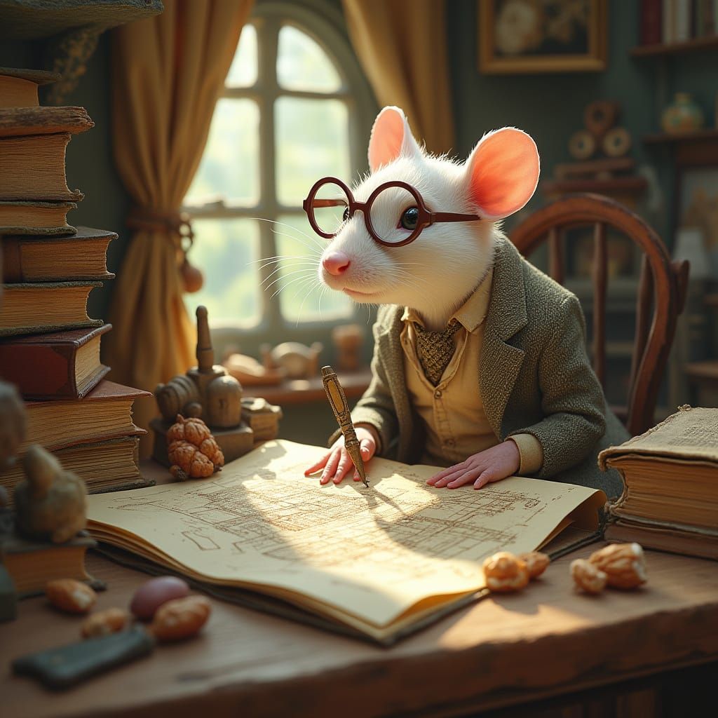 Mouse Architect in Burrow, Storybook Illustration