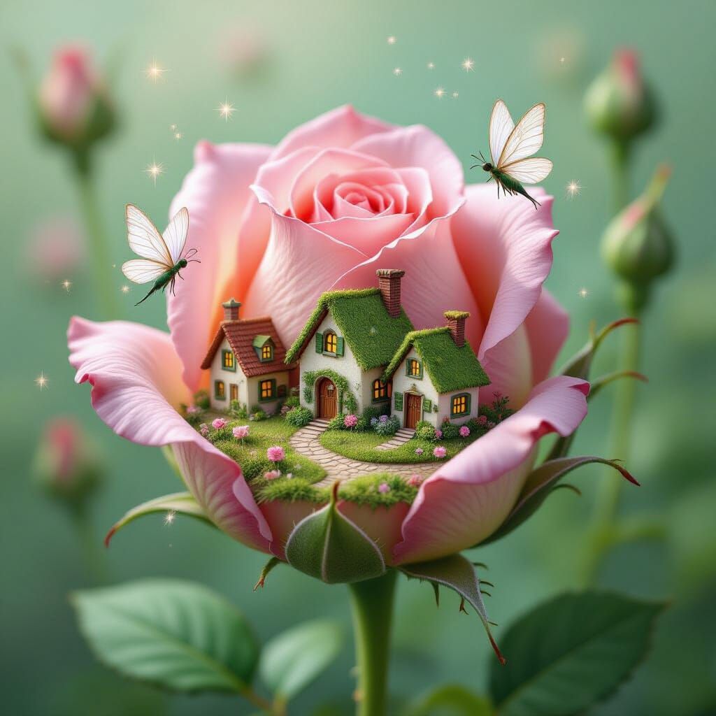 Whimsical Fairy Village in Giant Rose Bud