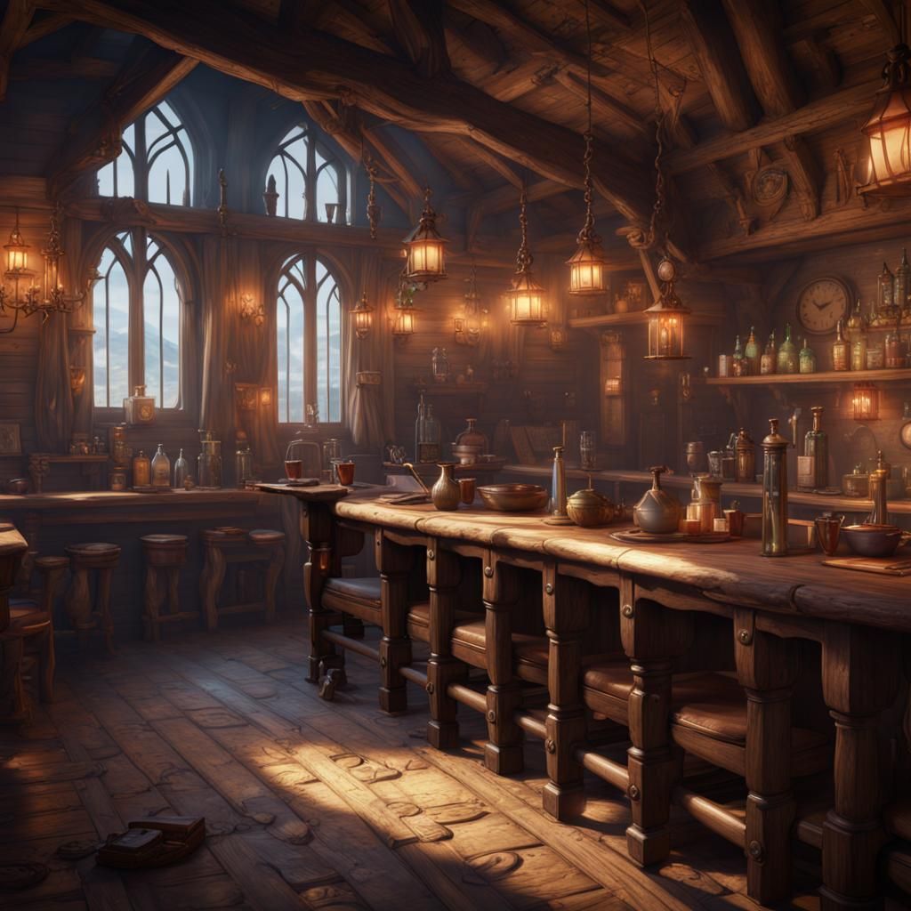 Empty Tavern in Fantasy Realm: Detailed Matte Painting