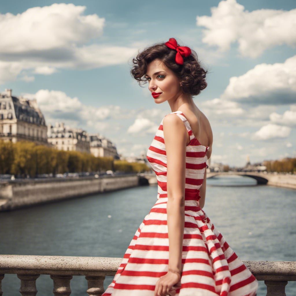 french woman in red and white striped dress