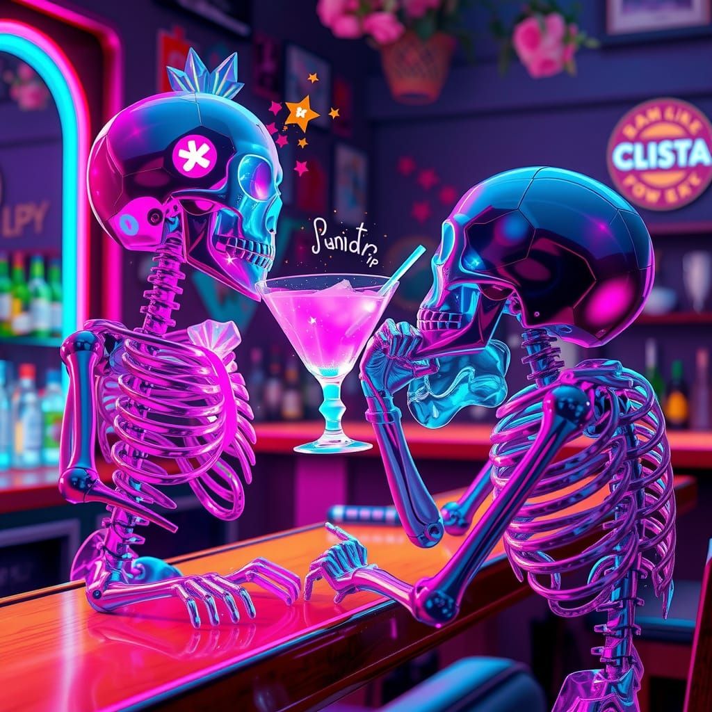 Crystal Skeleton Brawl at Neon Bar: Digital Art