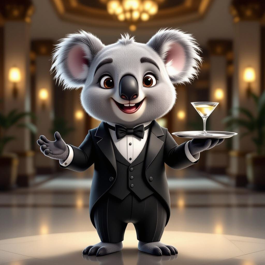 Whimsical Koala Butler in Art Deco Lobby