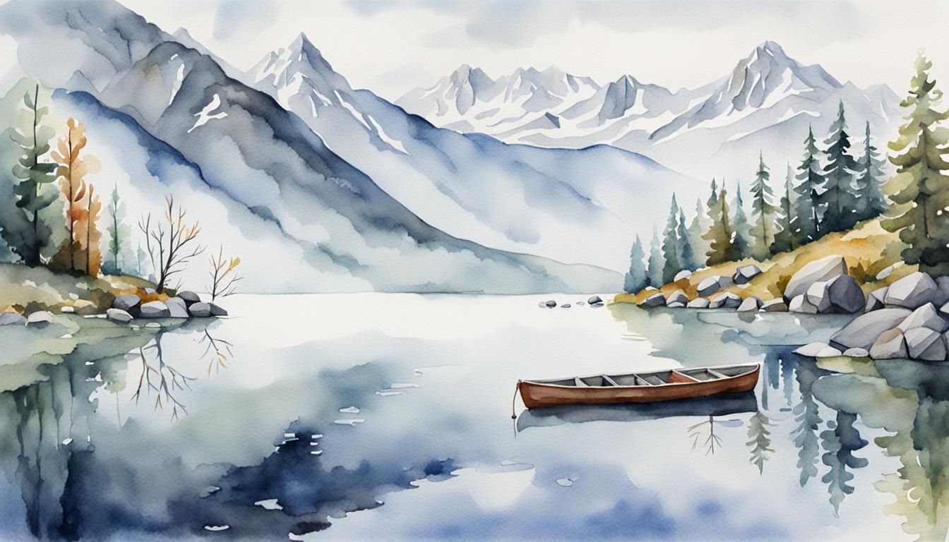Watercolor Mountain Lake Still Life at Dawn