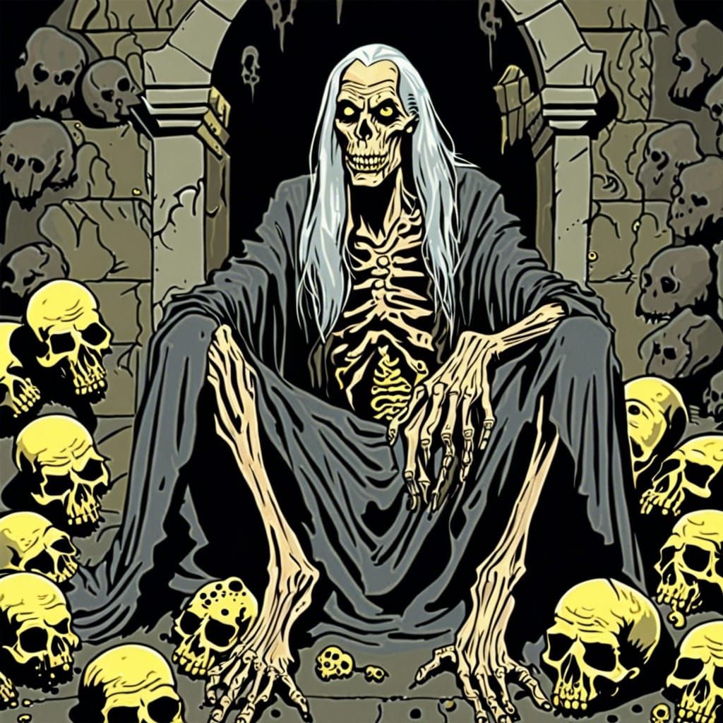 The Crypt Keeper is sitting in the crypt with skulls around him,he is a decaying zombie with pale yellow-brown skin, lon...