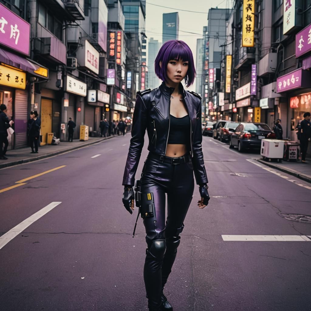 Cyberpunk Girl in Leather Suit with Purple Hair