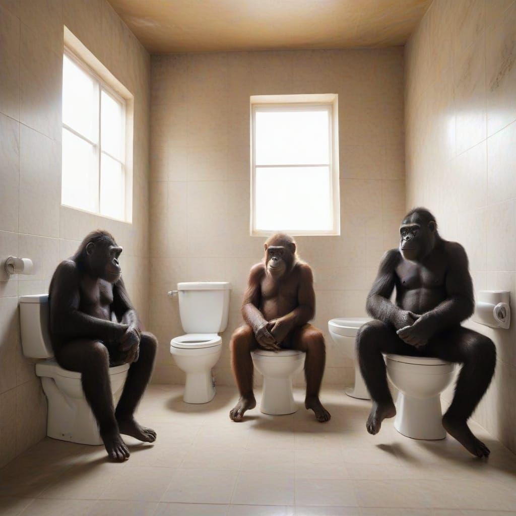 Apes on Toilets in a Dirty Bathroom