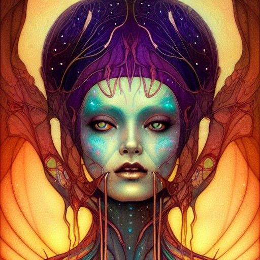 Hyperdetailed Alien Queen Portrait in Art Nouveau Style