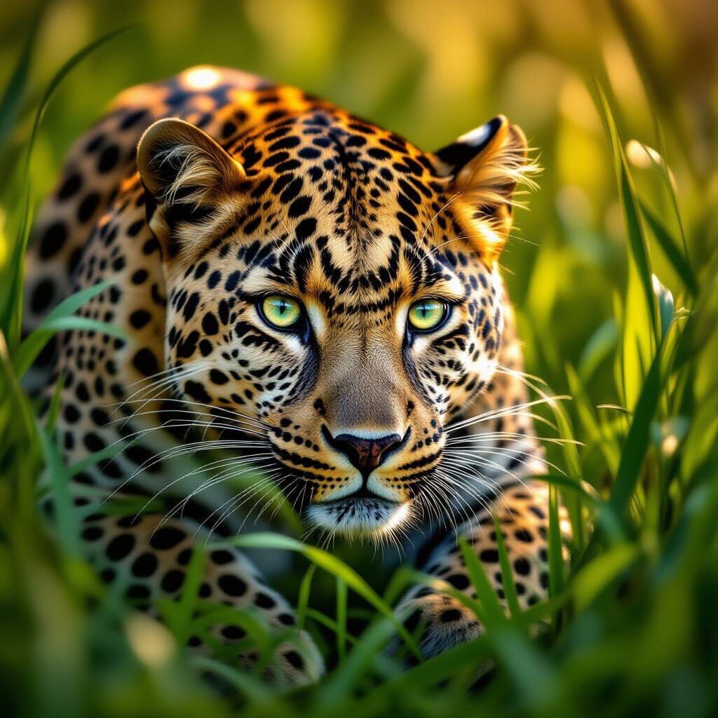Photorealistic Leopard Hiding in Tall Grass at Golden Hour