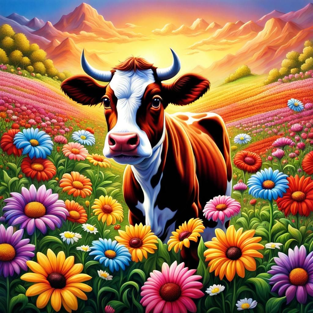 Chibi Cow Munching Flowers: Surrealist Art