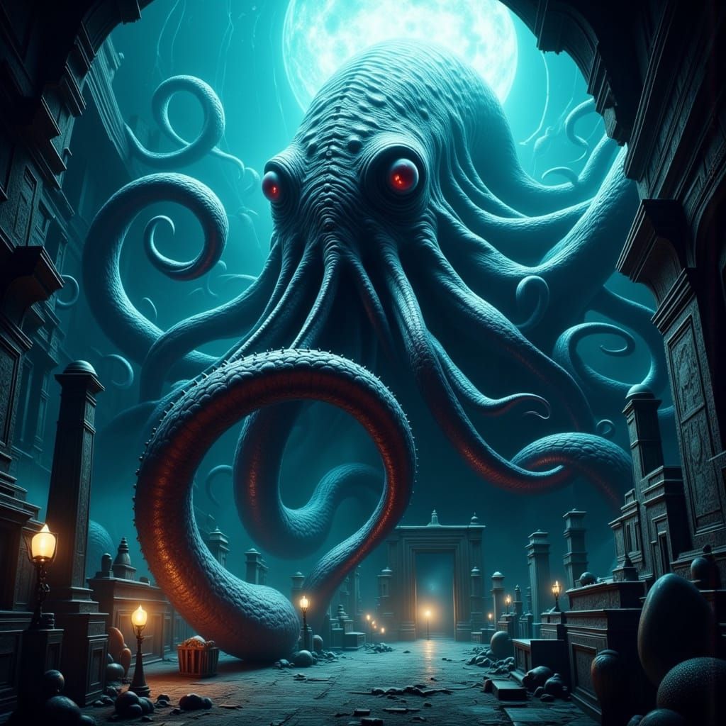 A colossal kraken, its tentacles entwined with ancient ruins...
