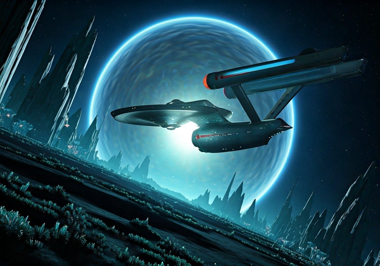 USS Enterprise, Star Trek TOS, in orbit around an alien planet