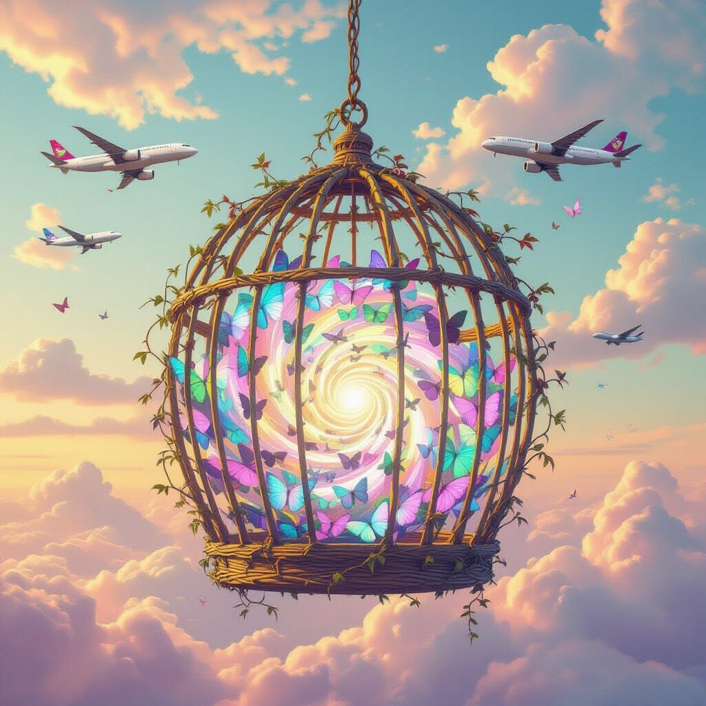 Surreal Butterfly Vortex Birdcage in Pastel Sky