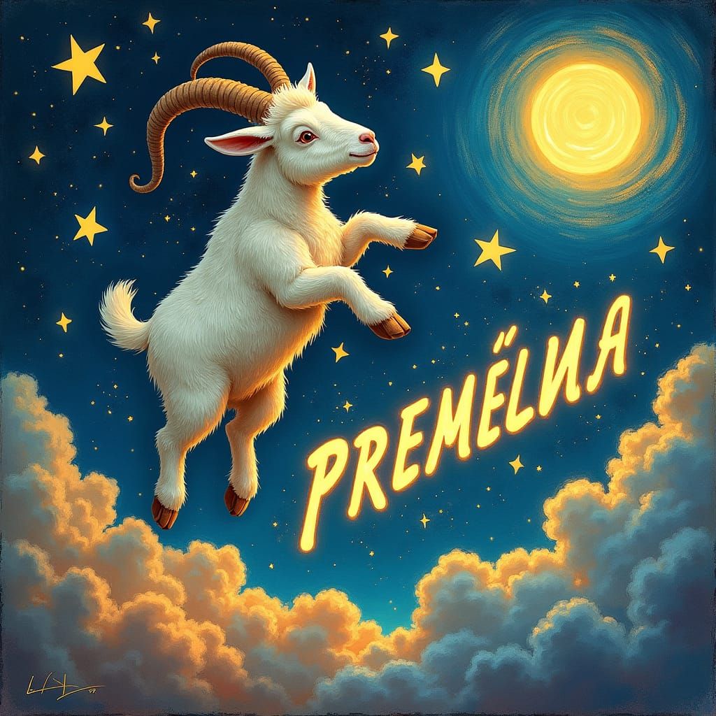 Goat Leaping Across Starry Sky in Van Gogh Style