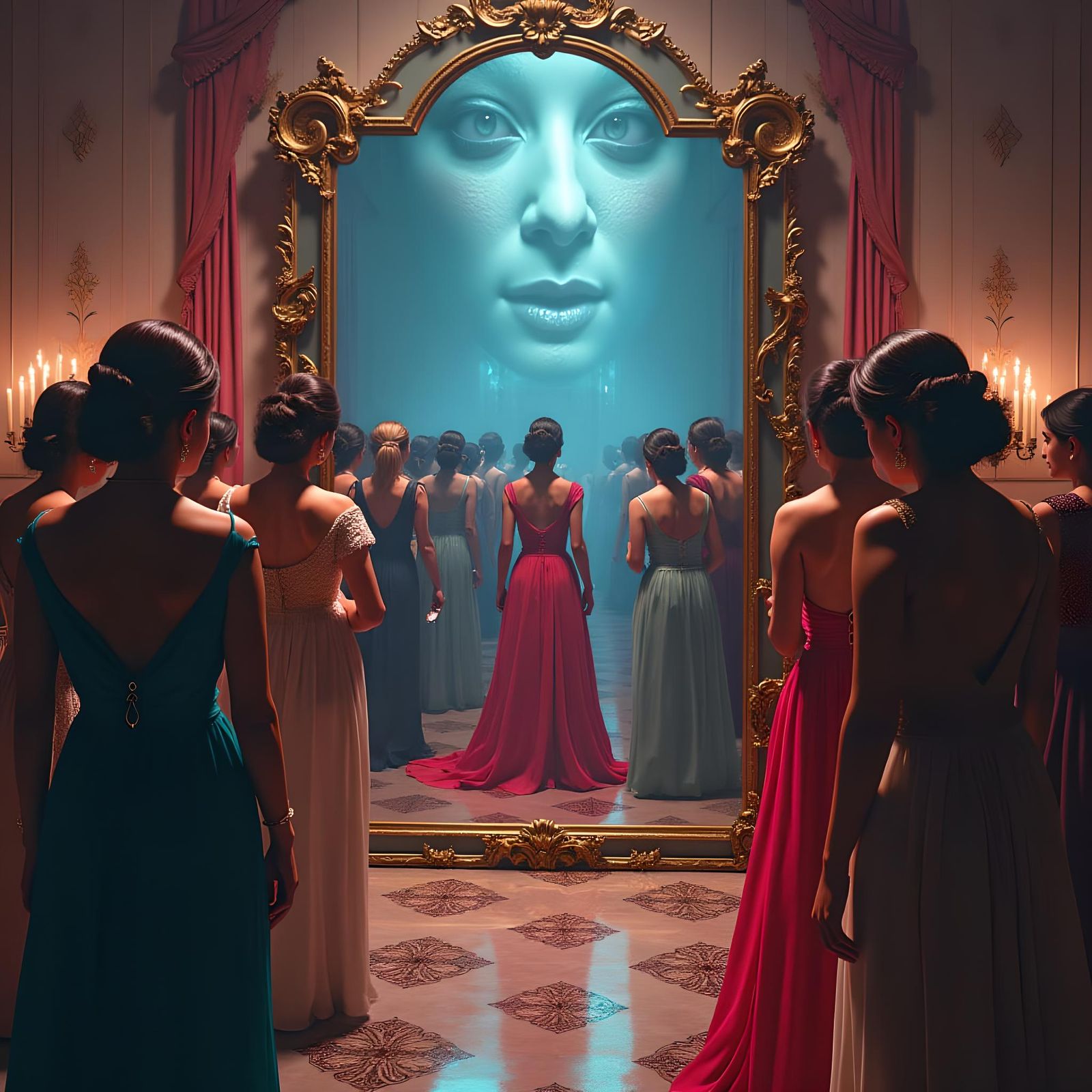 Extravagant Party Guests Gazing into Mirror, Detailed Digita...