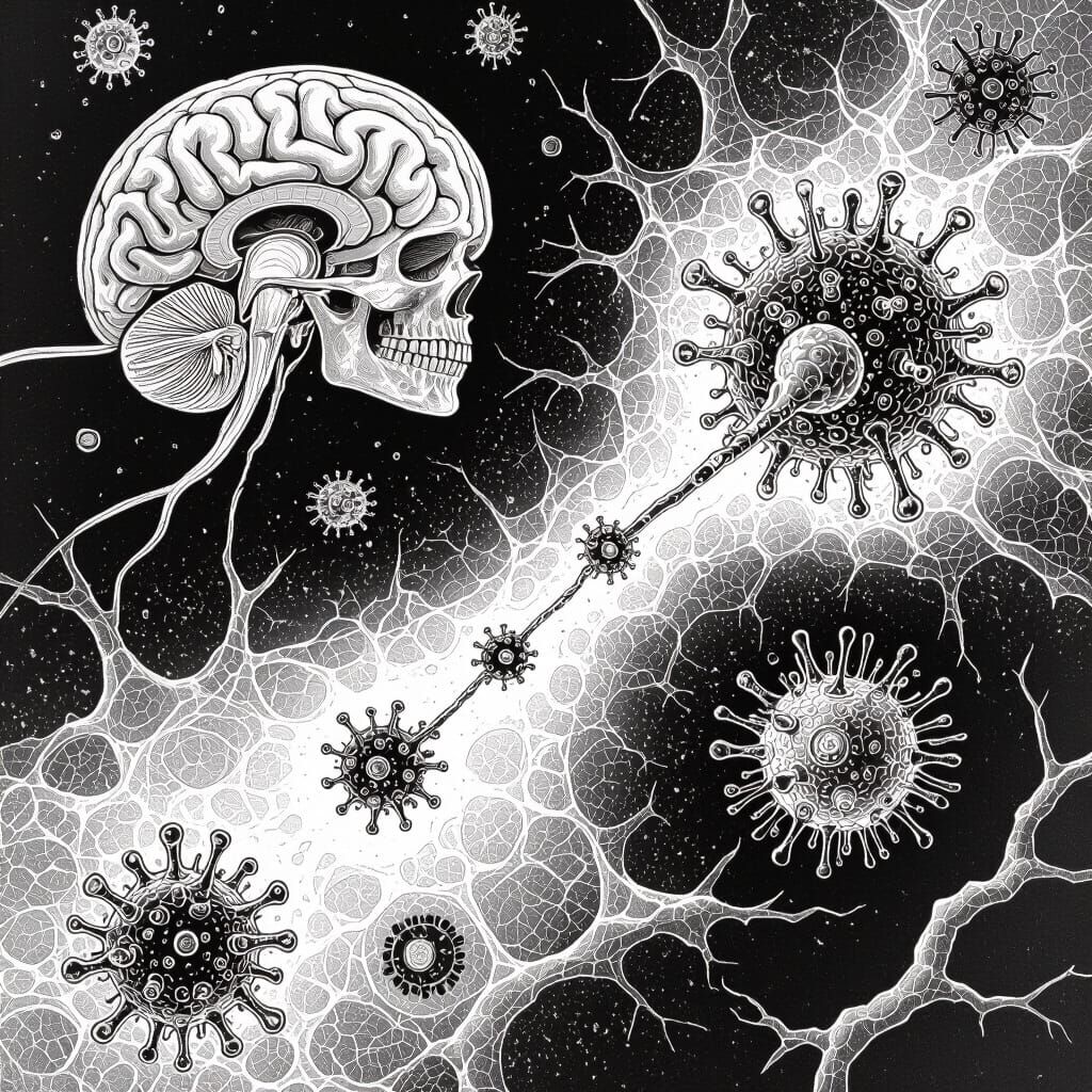 Detailed Black and White Illustration of Brain Cells