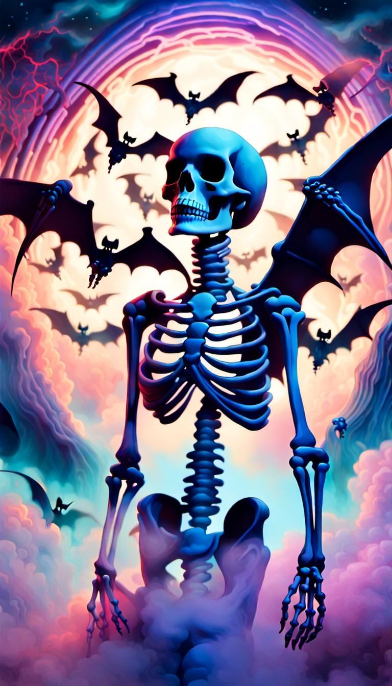 Cosmic Pinup Skeleton in Astral Dreamscape, Holographic Illu...