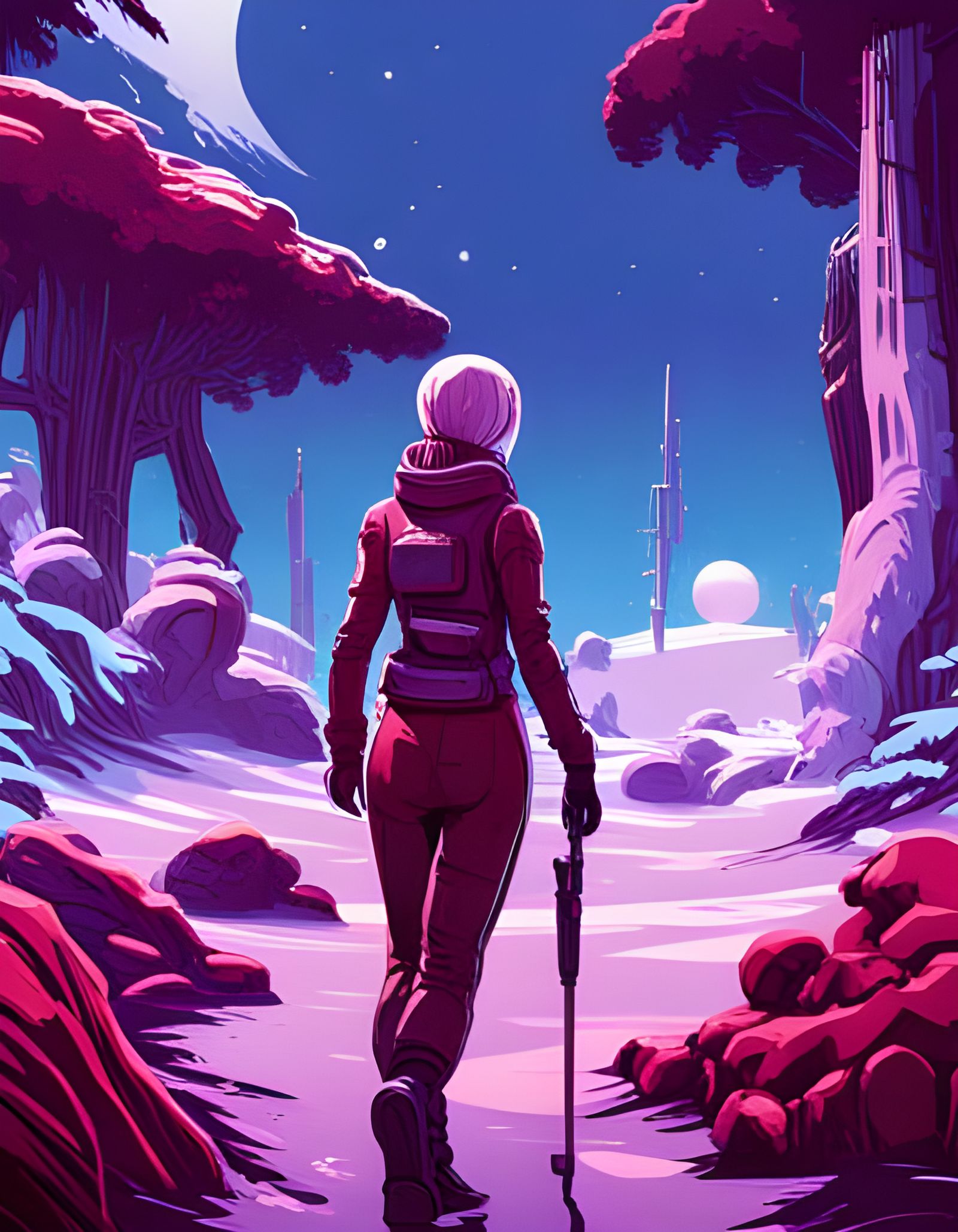 Retro Travel Poster: Spacewoman in Alien Forest