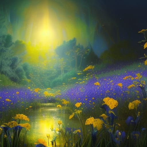 Enchanted Flower Meadow at Night: Fantasy Art