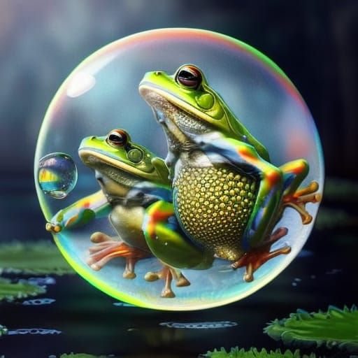Frogs in Soap Bubbles Floating Above Swamp: Hyperrealistic A...
