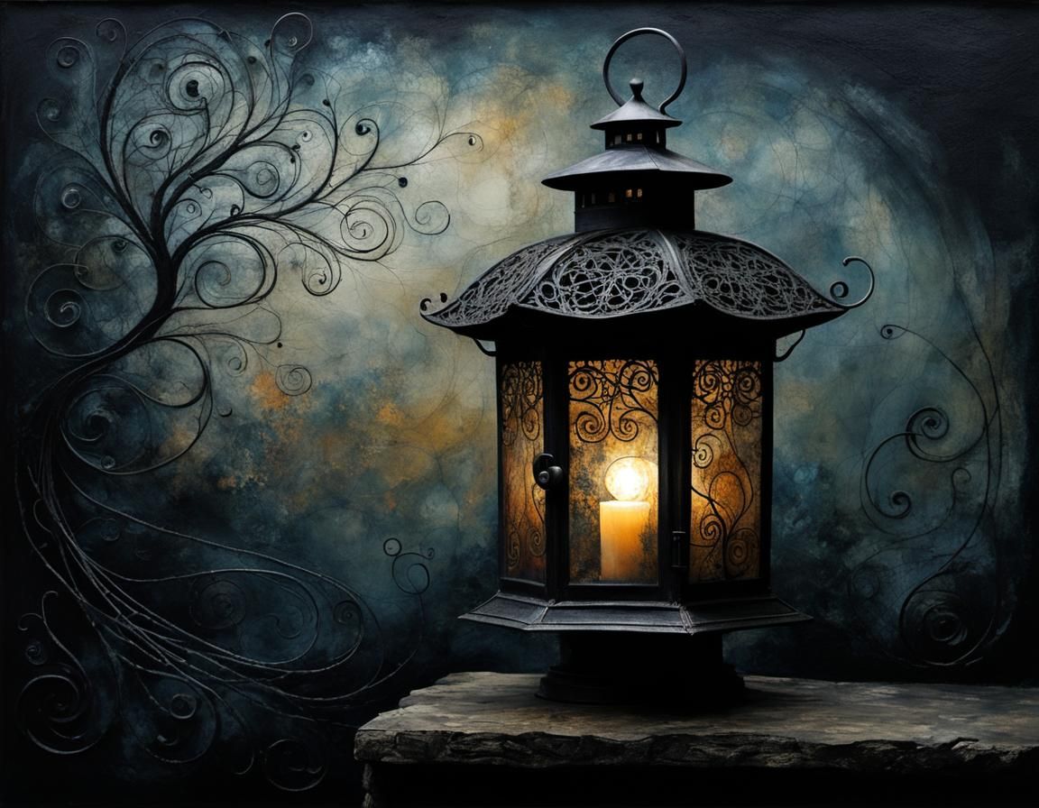 Ominous Lantern in Deep Darkness: Encaustic Folk Art