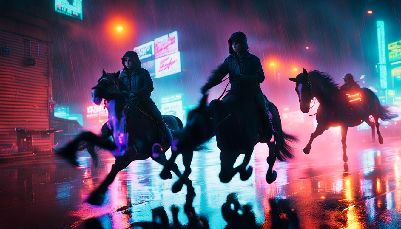 Cyberpunk Horses Run Free in Rainy City