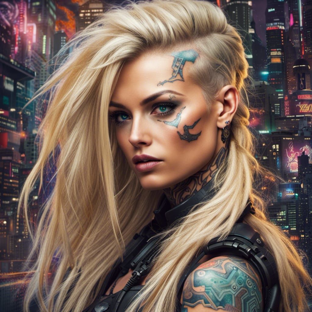 Cyberpunk Tattooed Blond: Sensual Muscular Beauty