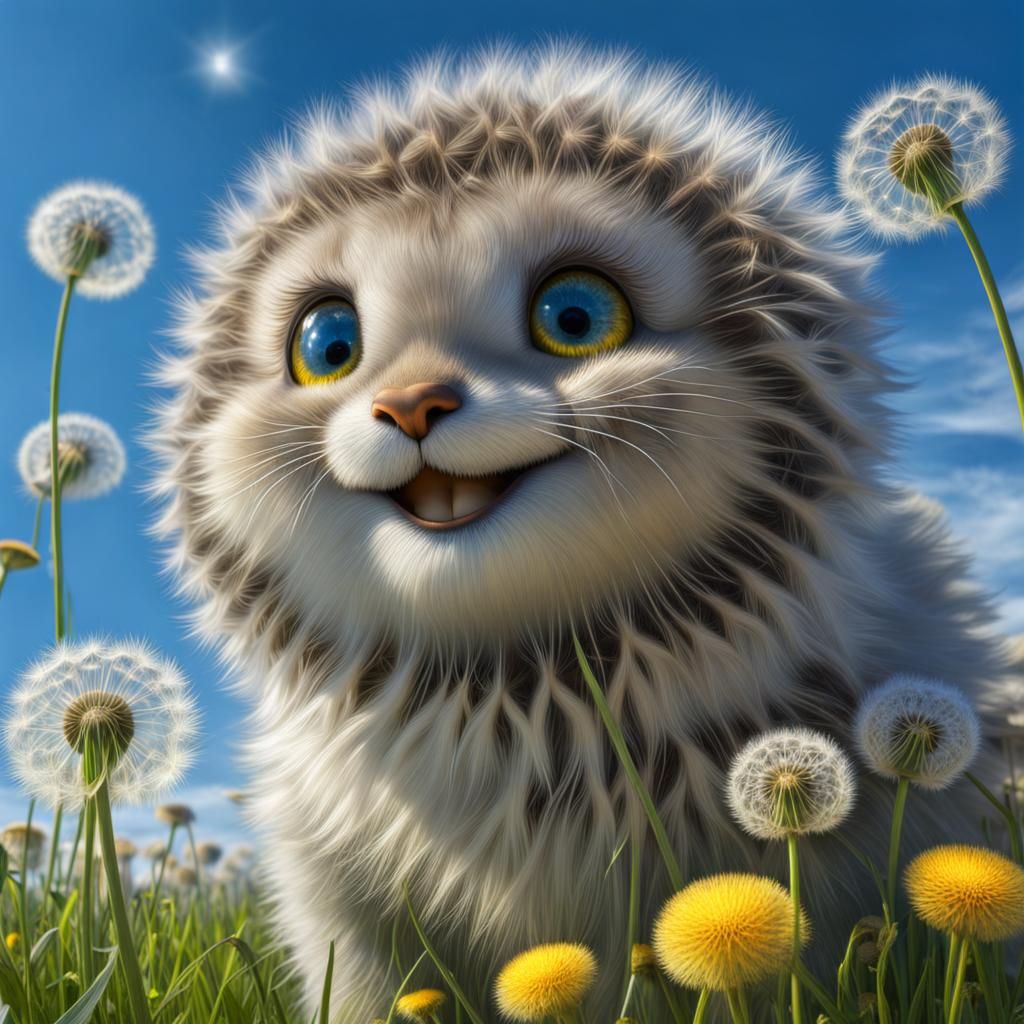 Smiling Dandelion Creature in a Sunny Meadow