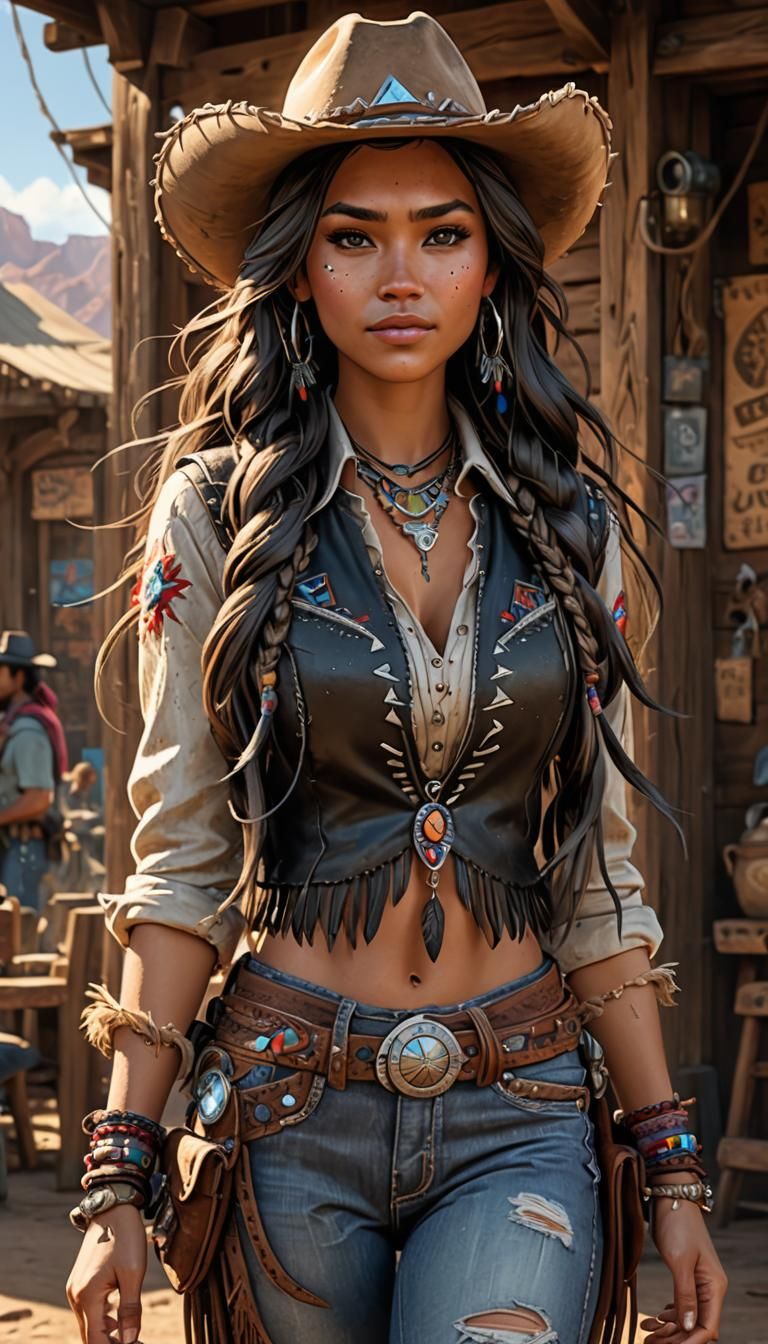 Stunning brunette woman with a dark tan in cowgirl clothing