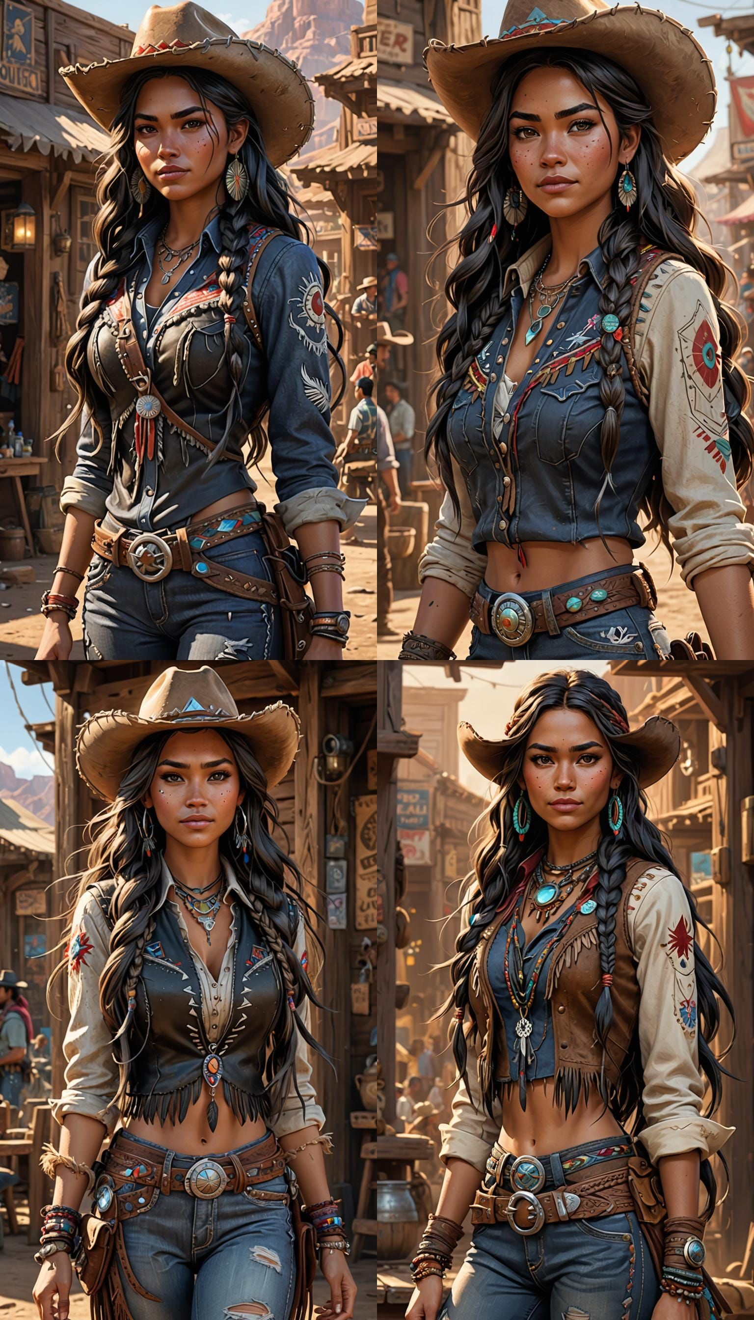 Stunning brunette woman with a dark tan in cowgirl clothing