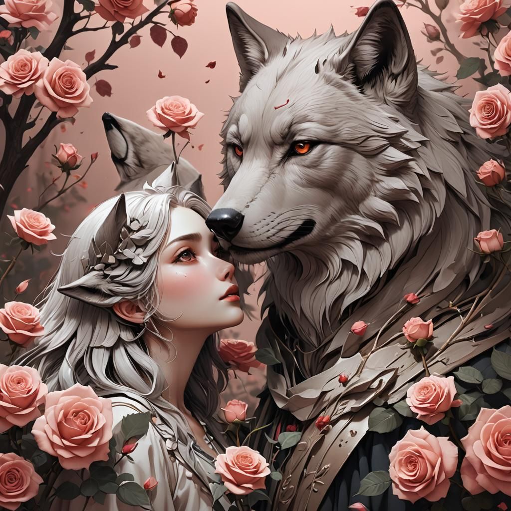 Wolf, Rose, and Woman in Detailed 3D Anime Art