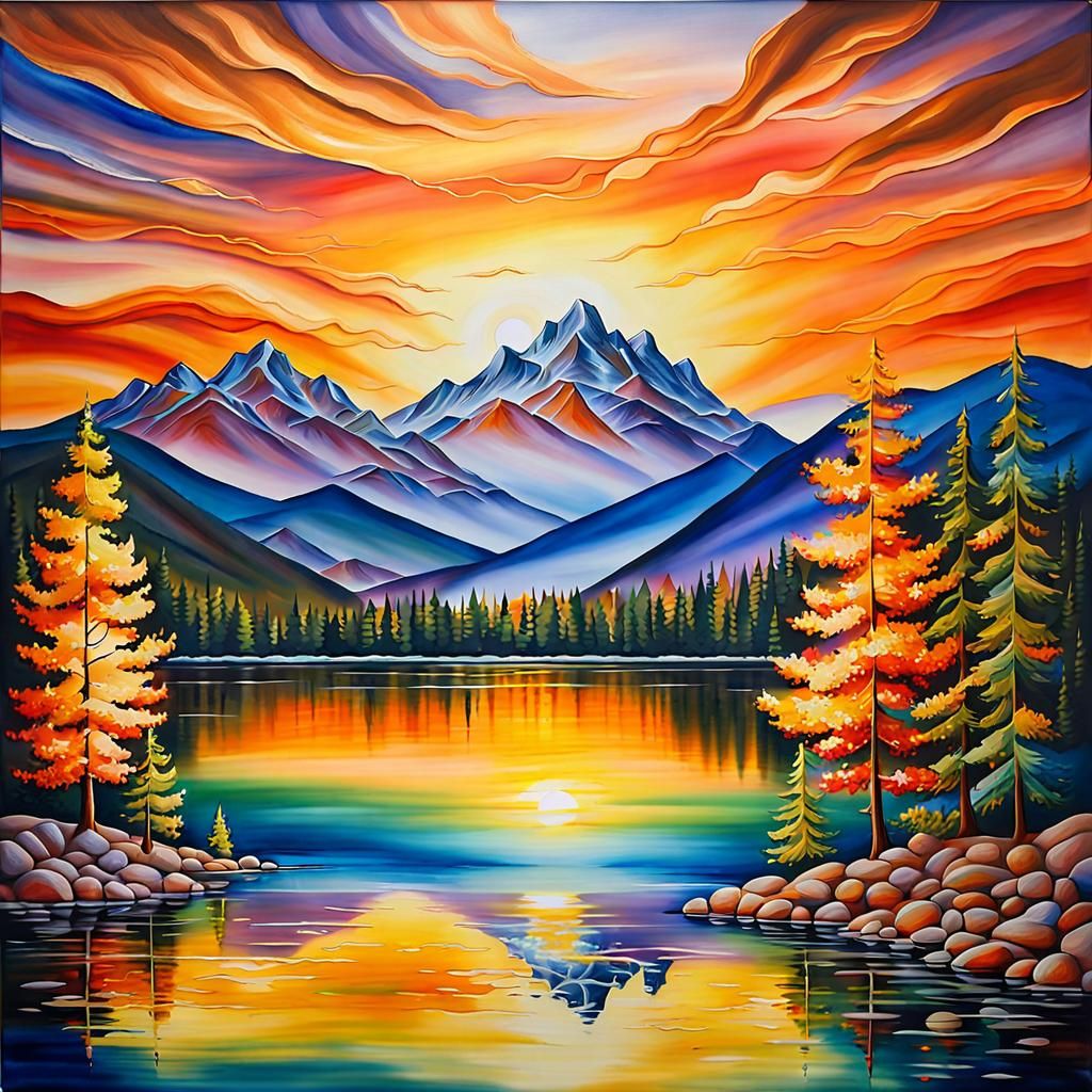 Lake and Mountains at Sunset in Glass Art Style
