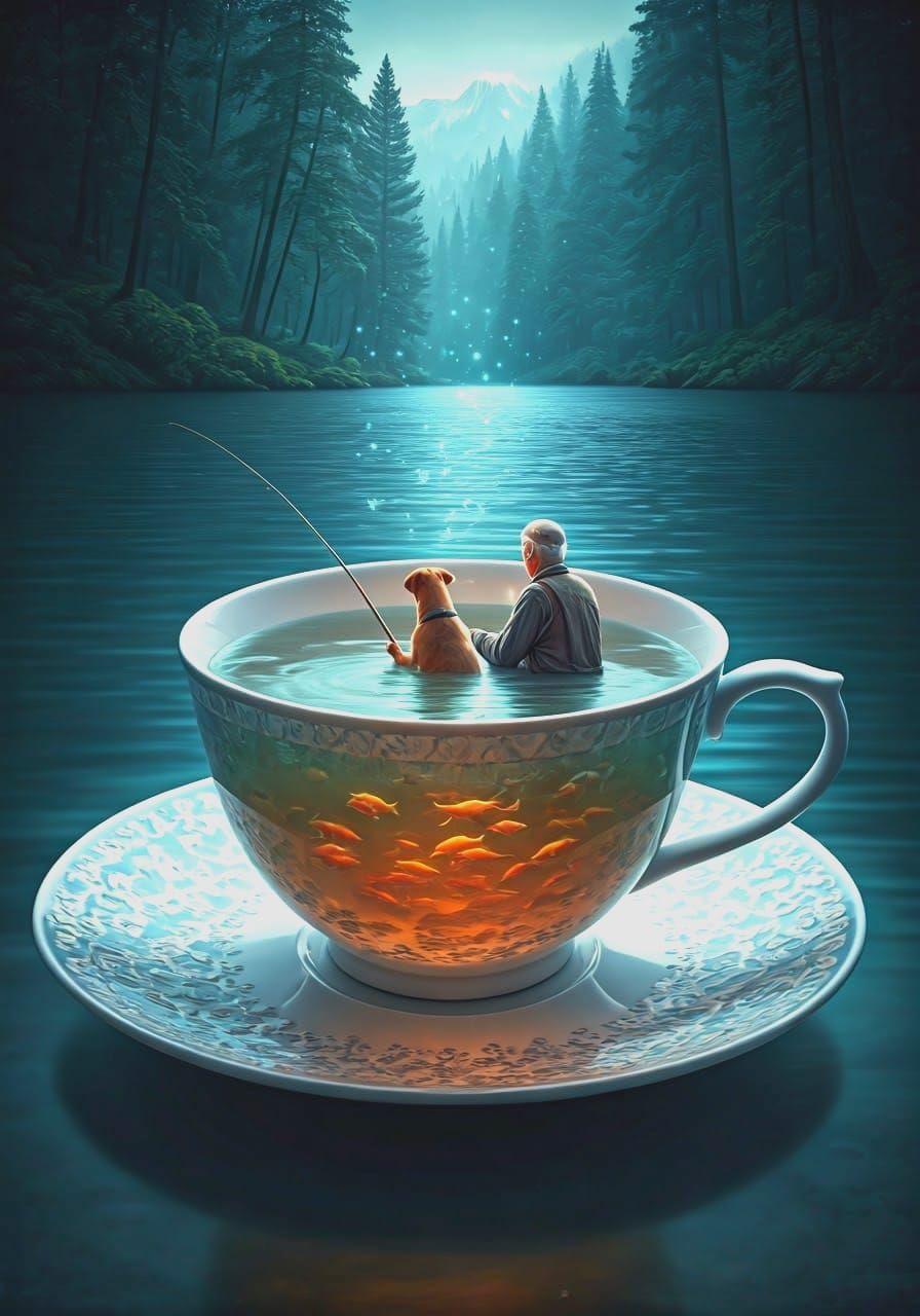 Whimsical Double Exposure Teacup Scene with Old Man and Dog ...