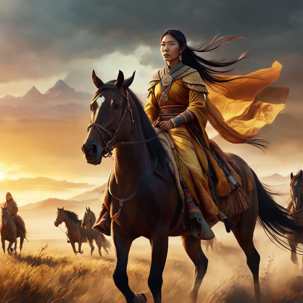 Asian Tribal Leader on Horseback at Sunset