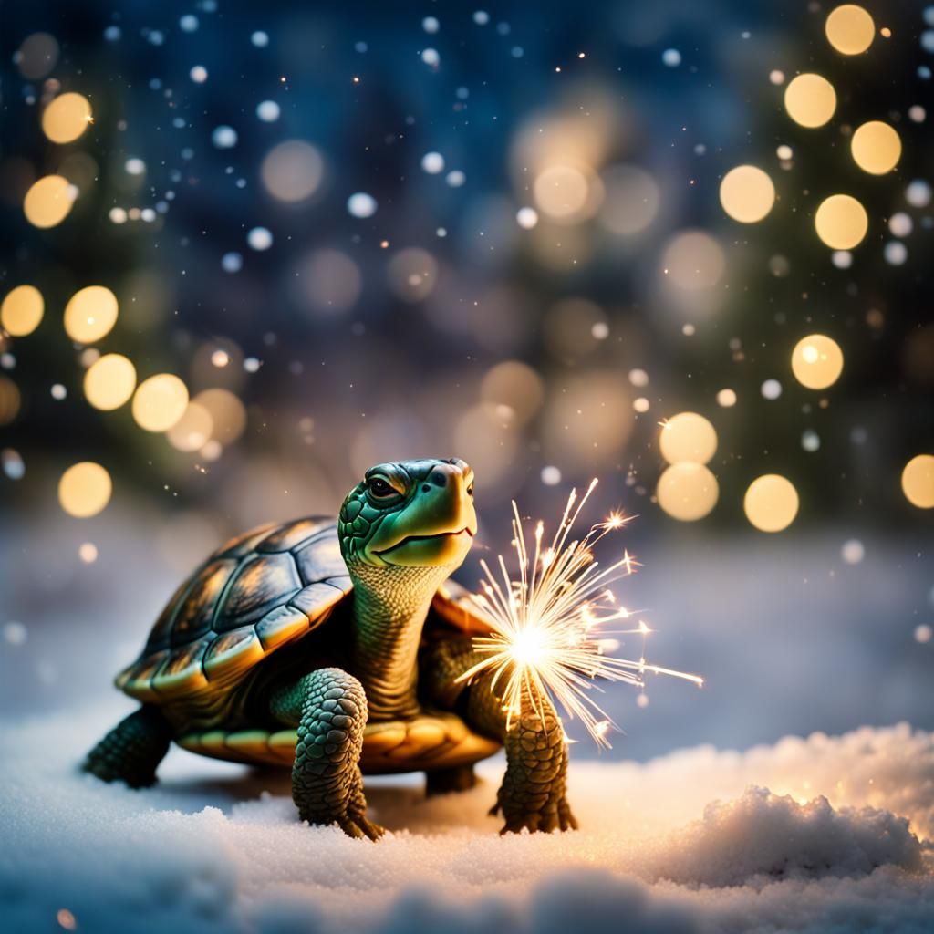 Happy Turtle Celebrates Christmas with Sparkler