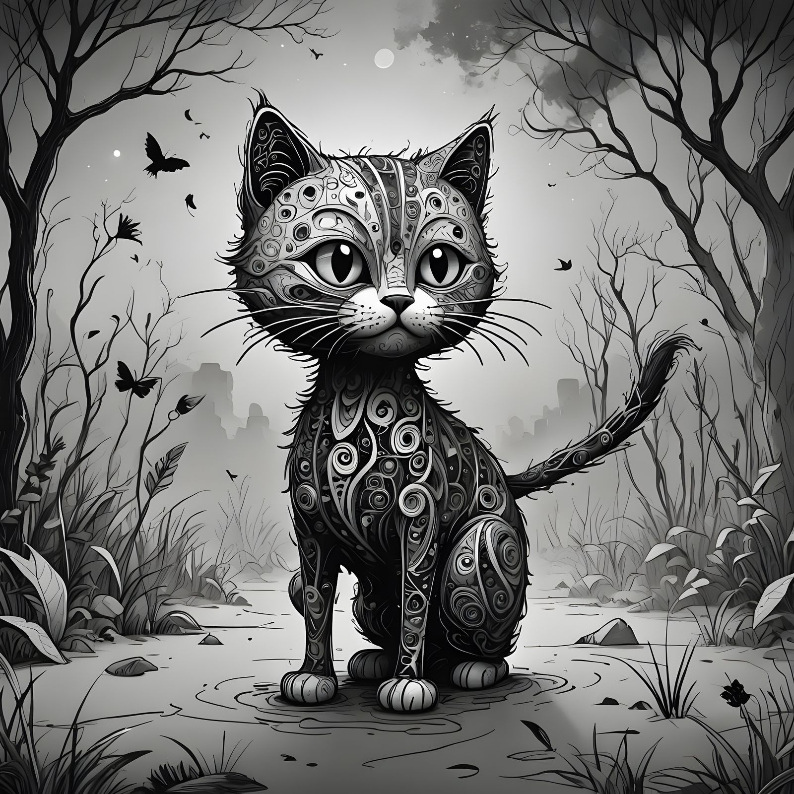 Stick Figure Cat Doodle in Black and White