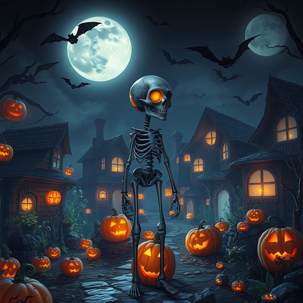 Dark Fantasy Skeleton Girl in Twilight Halloween Village