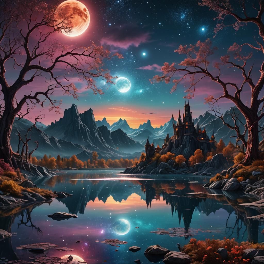 Cosmic Moonlit Lake in Fantasy Style