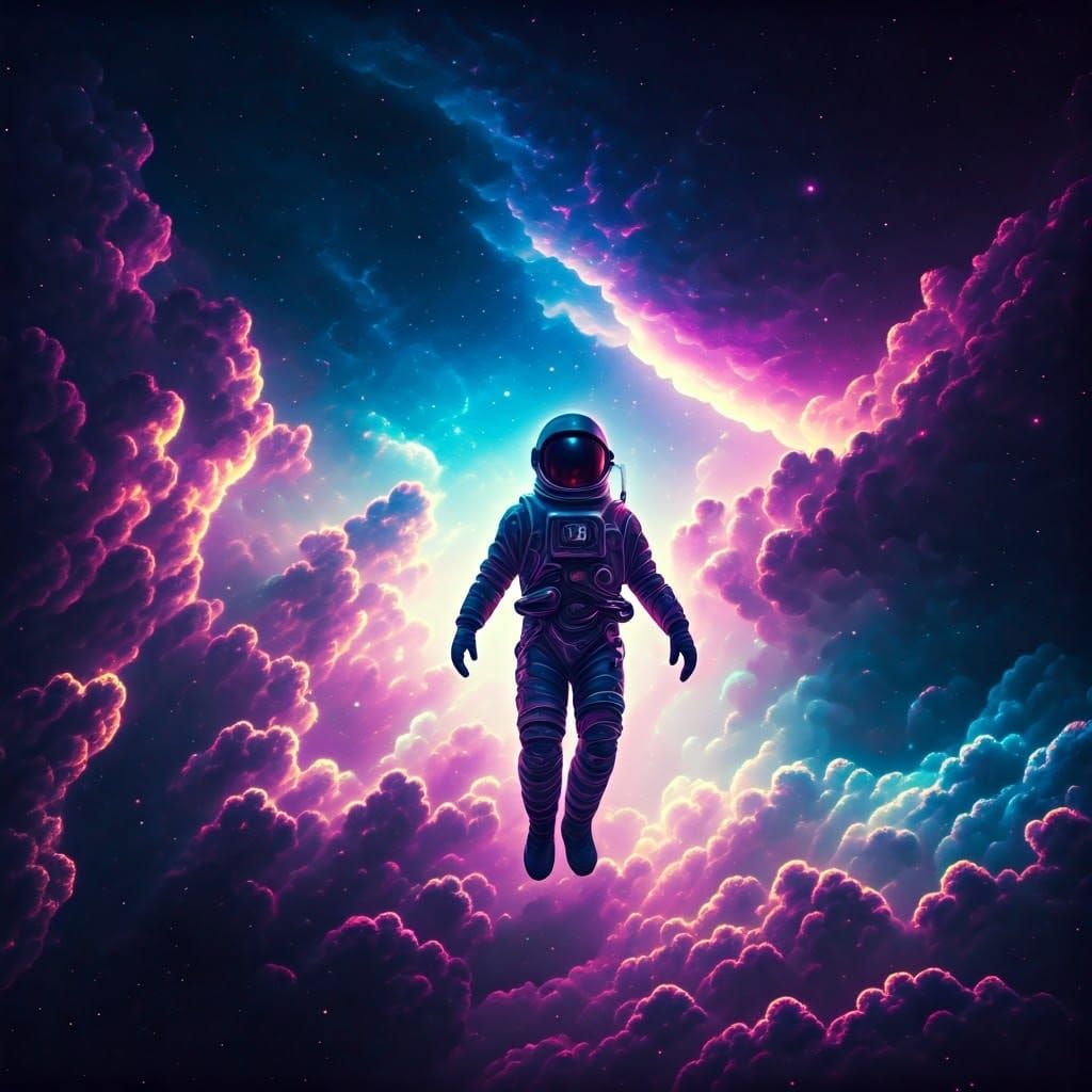 Astronaut Drifts Through Vibrant Galaxy with Swirling Purple...