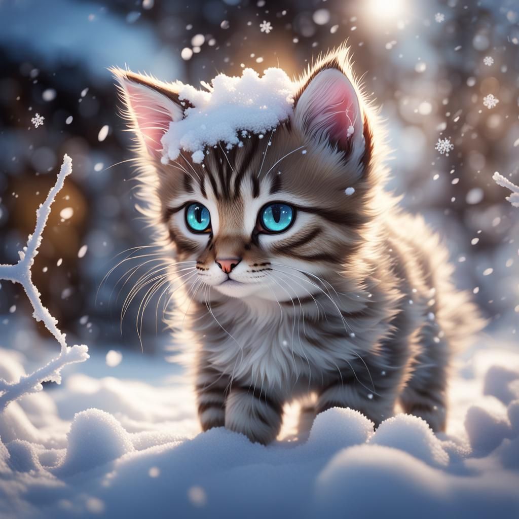 Adorable Kitten Enjoys Melting Snowfall: Fantasycore Artwork