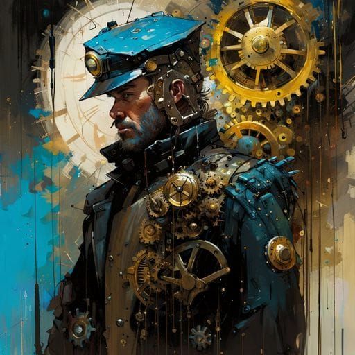 Clockwork Policeman in Cyberpunk City, Digital Art