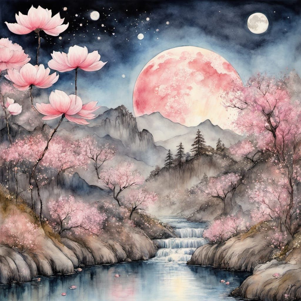 Whimsical Springtime Garden at Full Moon