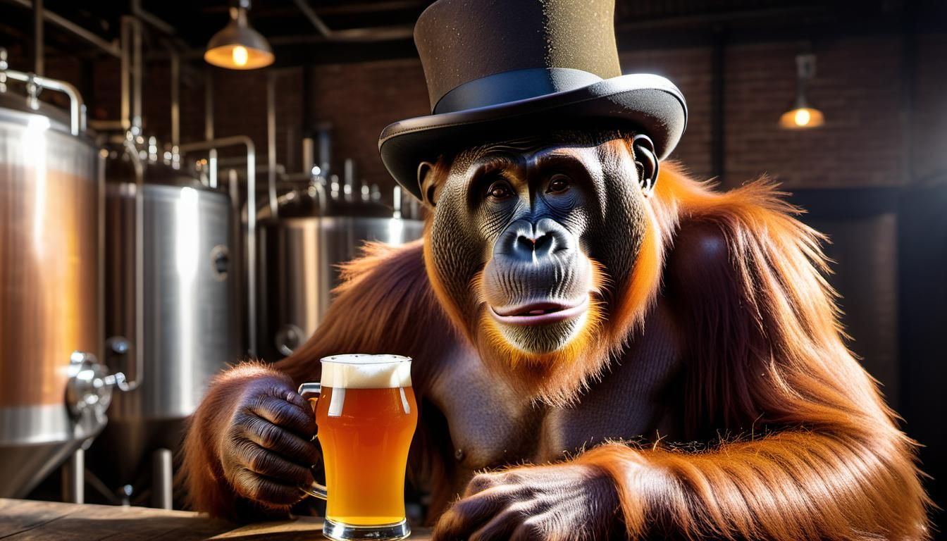 Orangutan in Brewery Wearing Lincoln's Hat