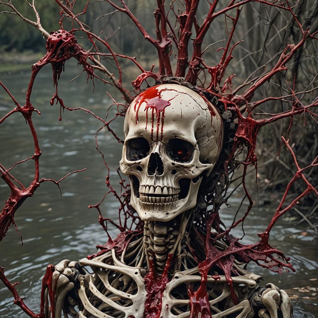 Terrifying Skeleton Rising from River of Blood