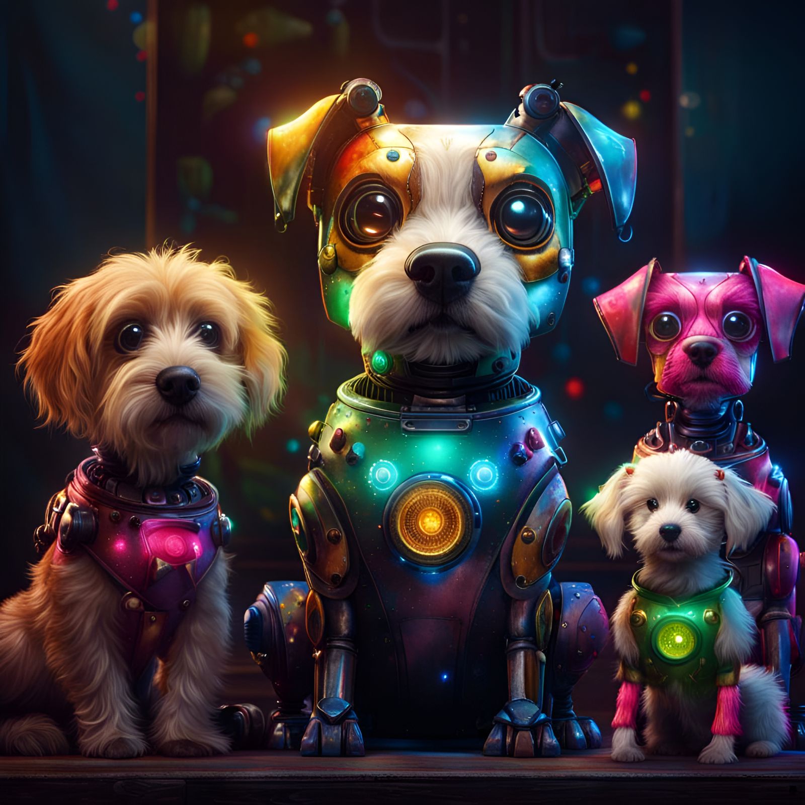 Cute Robot Dog Family Portrait in Hyperrealism Style