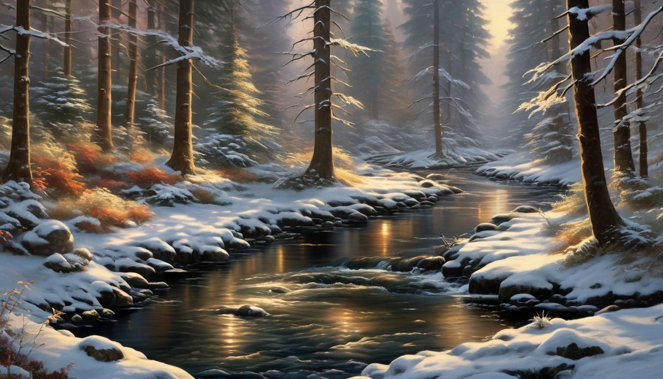 Snowy Forest Stream in a Luminous Style
