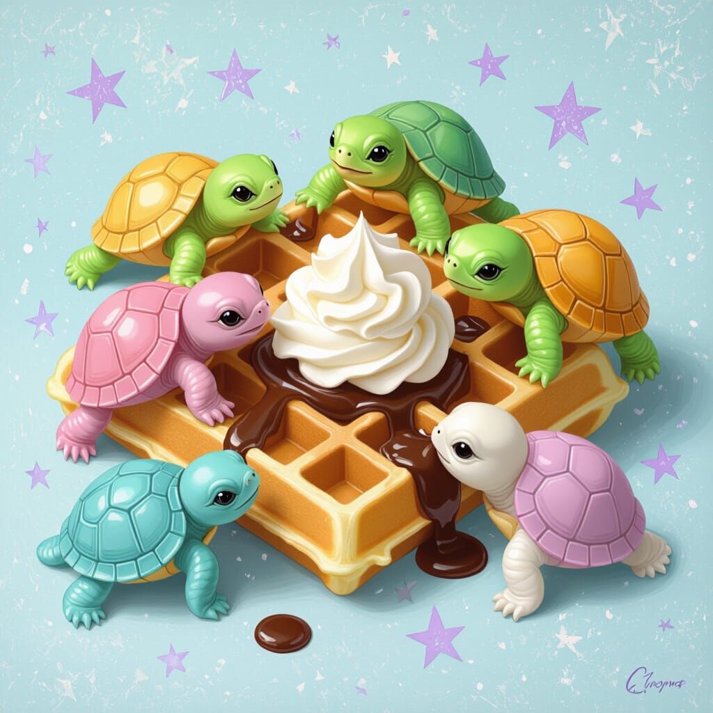 Pastel Turtles Feast on Waffle in Dreamy Style