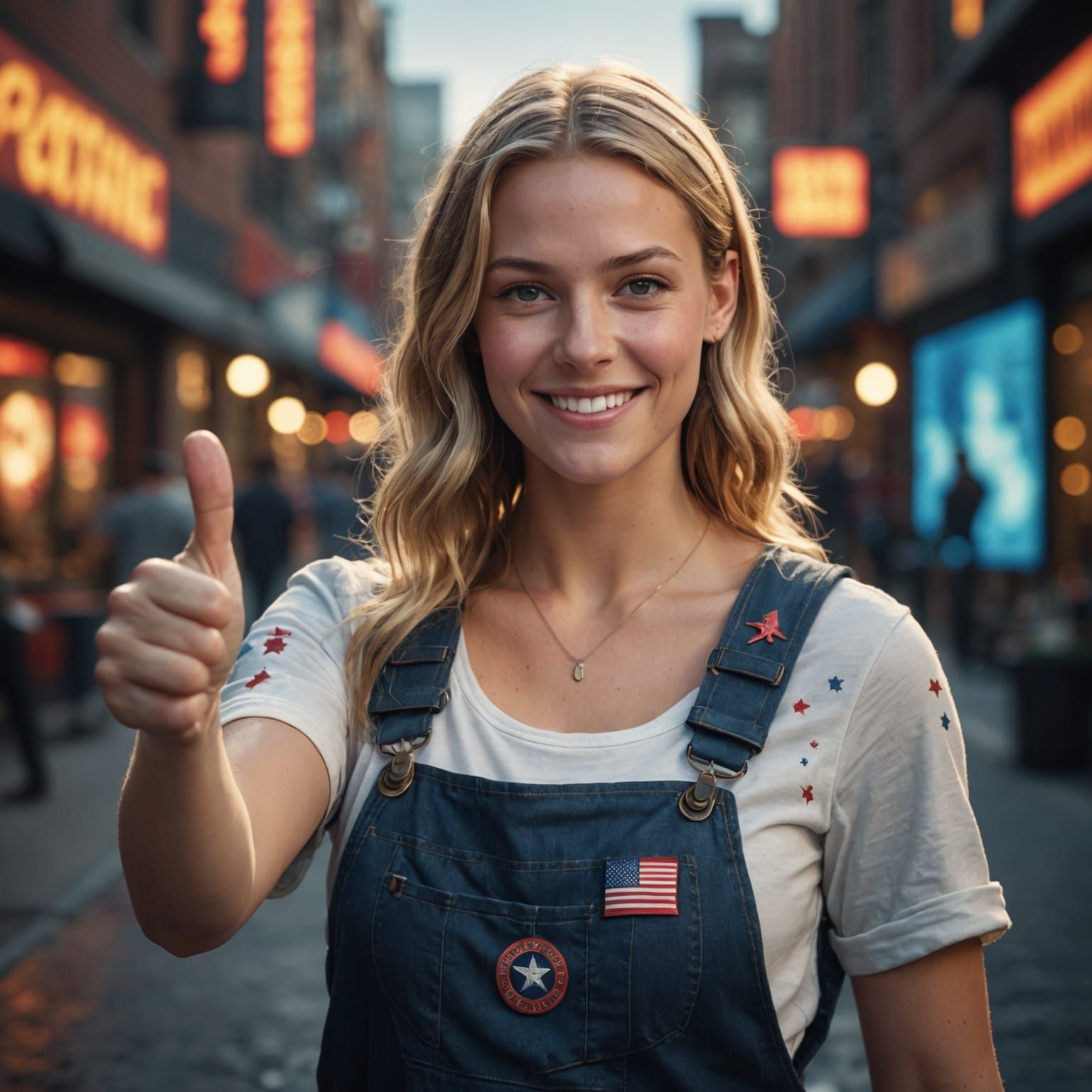 American Woman Gives Thumbs Up: Detailed Matte Painting