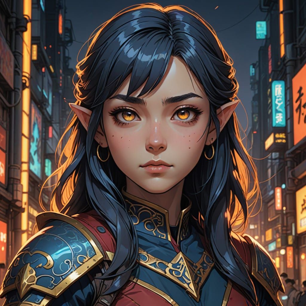 Cyberpunk Anime Girl in Fantasy City