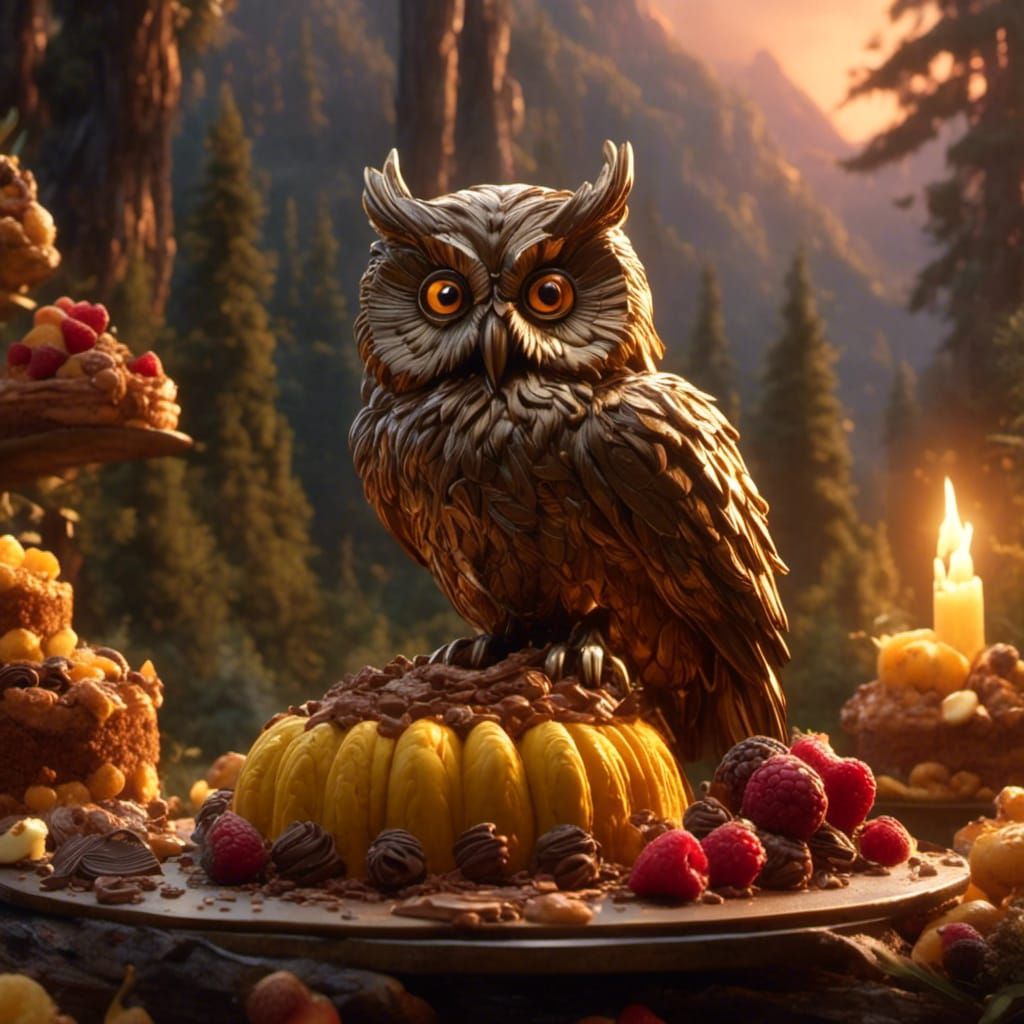 Owl on Chocolate Cake: Oil Painting in Forest