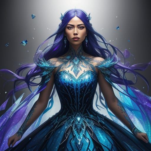 Woman in Intricate Glass Dress with Vibrant Colors